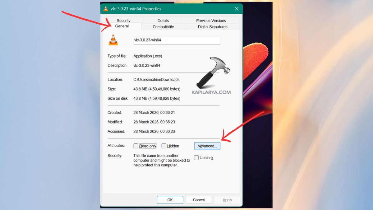 advanced option in properties