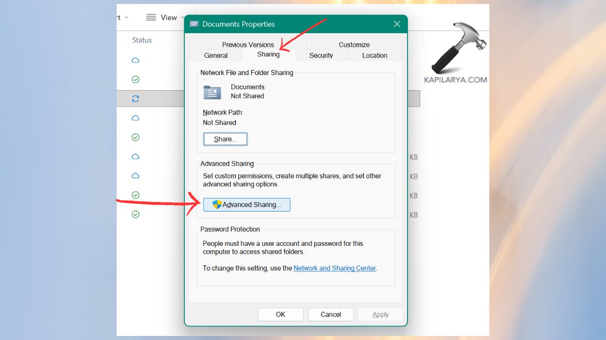 advanced sharing option in folder properties