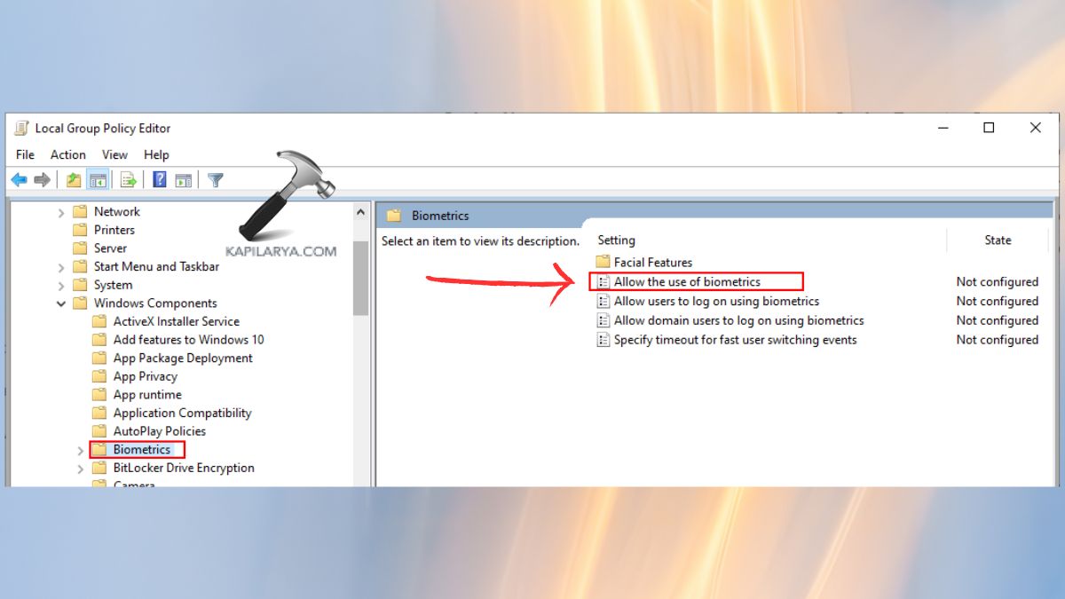 allow the use of biometrics in Local Group Policy Editor