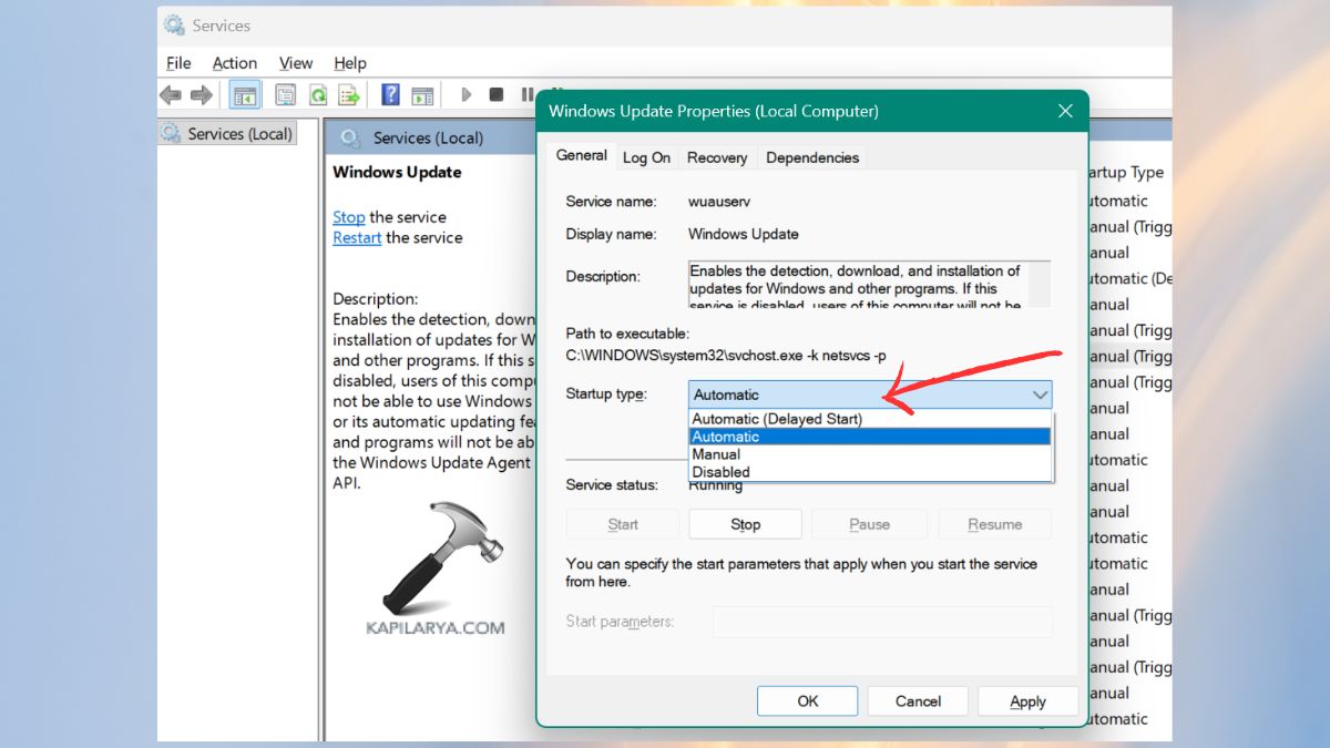 automatic start up type windows update service