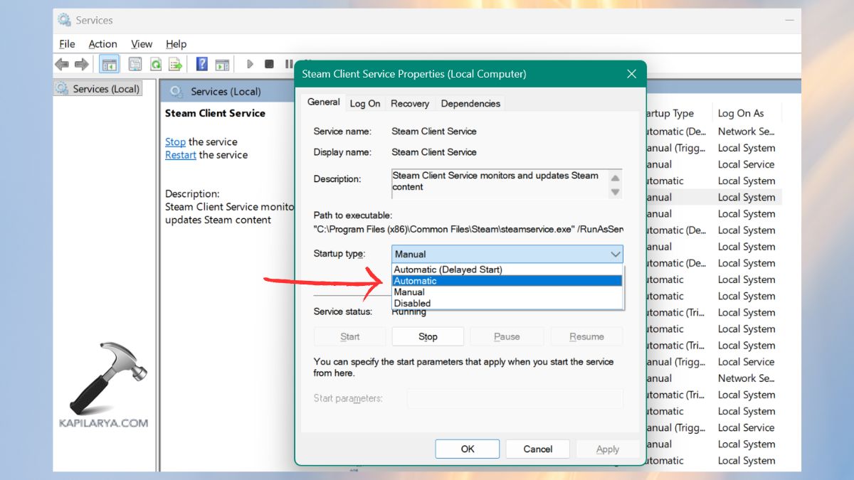 automatic startup type steam client service properties
