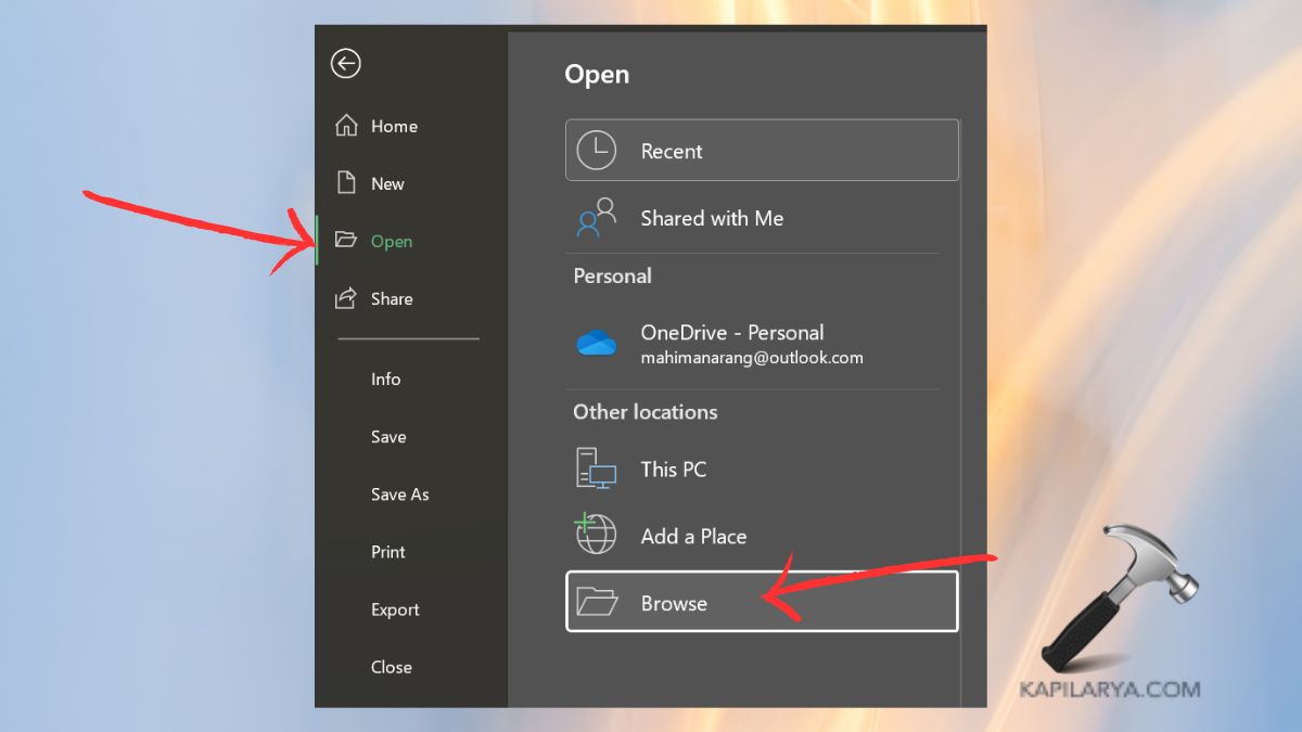 browse open excel file