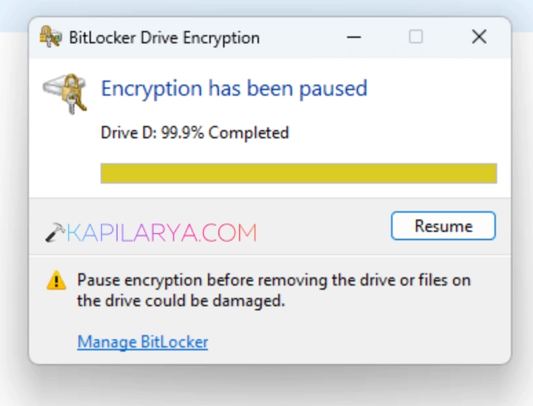 BitLocker Encryption Stuck at 99.9% in Windows 11