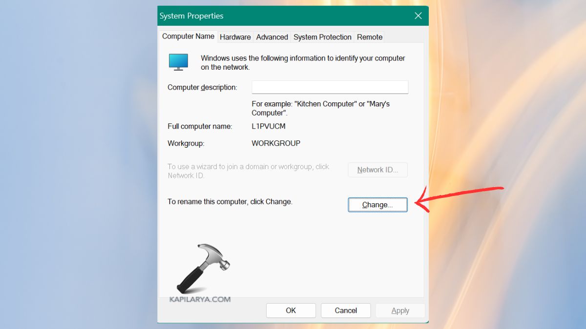 change option in system properties sysdm