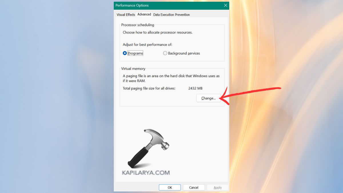 change virtual memory in advanced settings