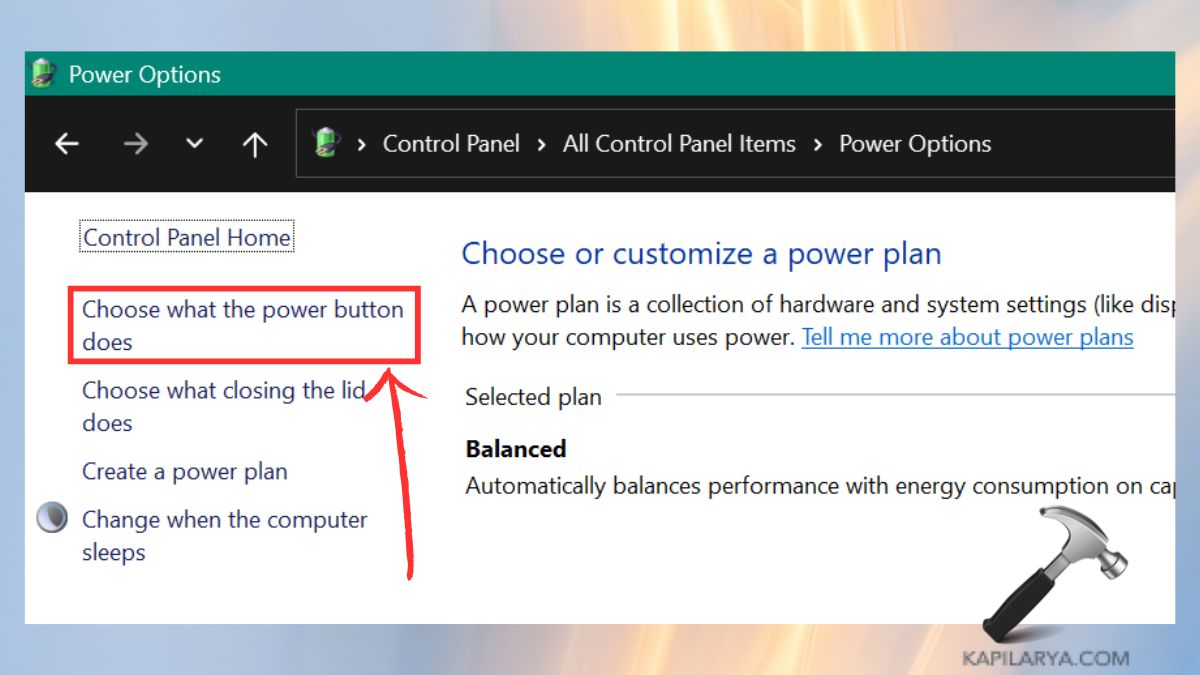 choose what the power button does option in control panel