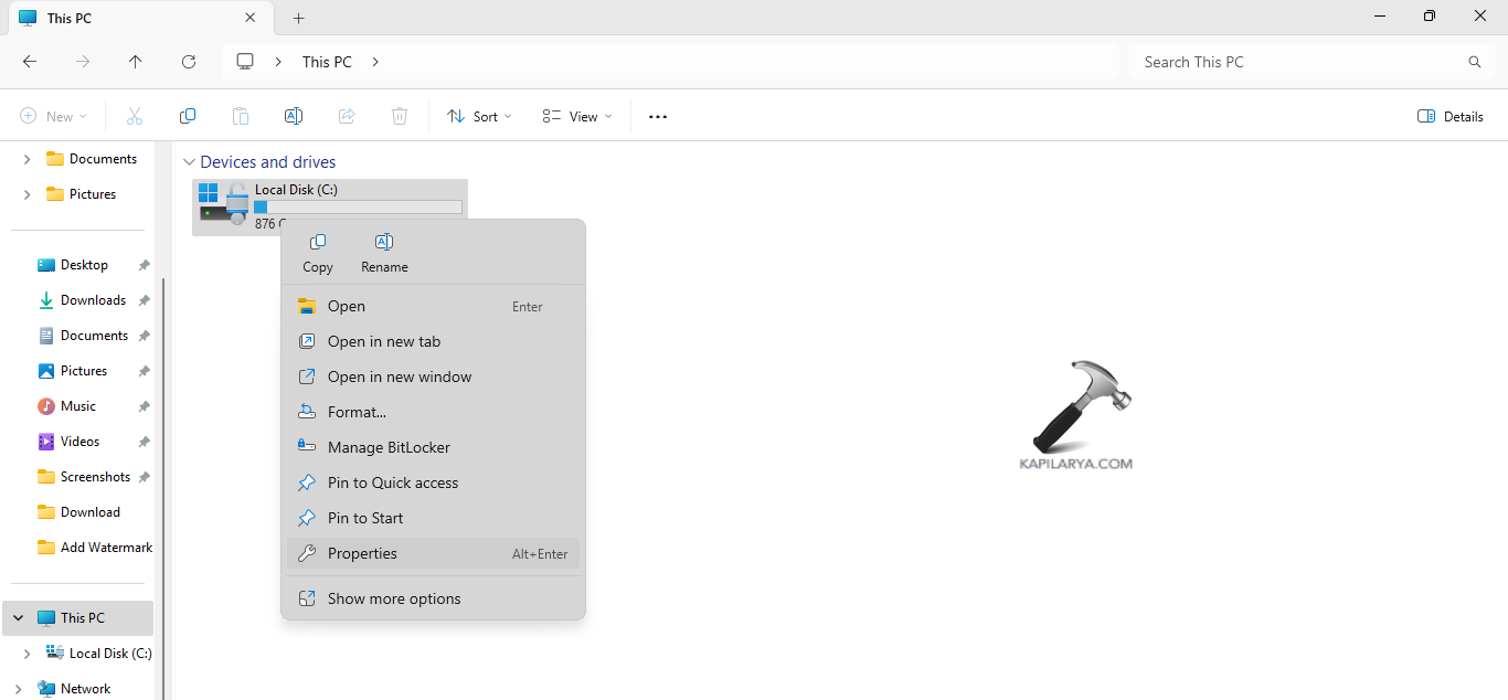 Opening properties of C drive to fix Corrupt registry in Windows