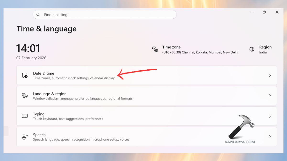 date & time in settings time & language