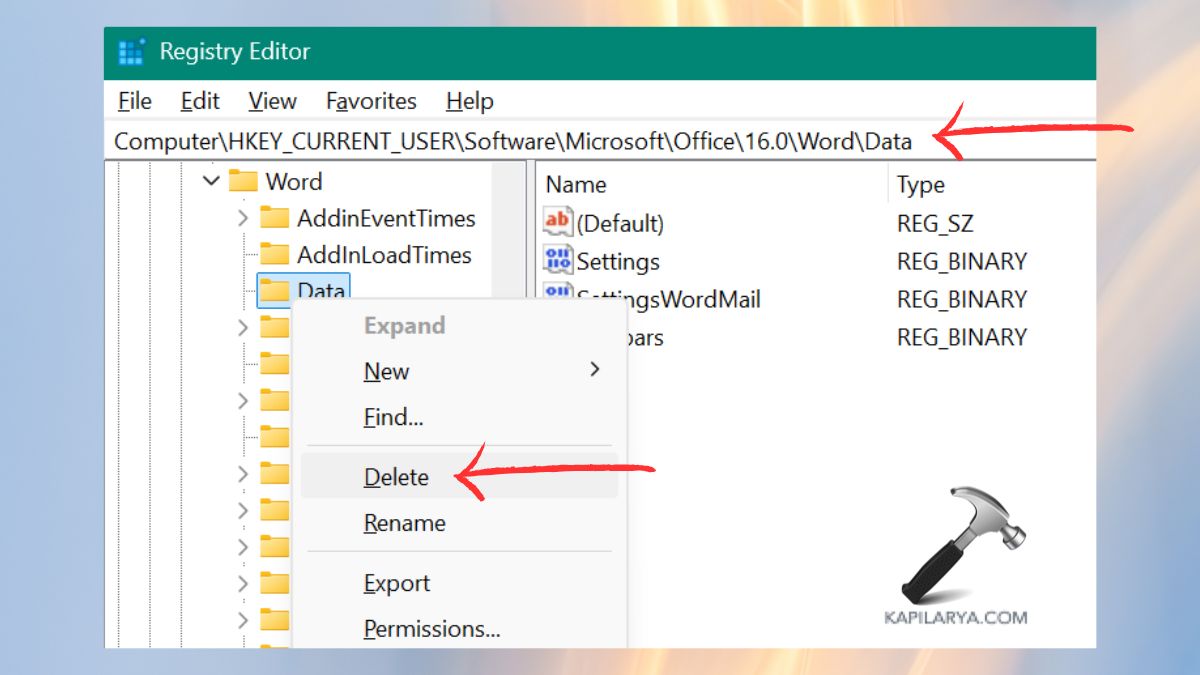 delete data key value in registry editor Fix Microsoft Word insufficient memory problem