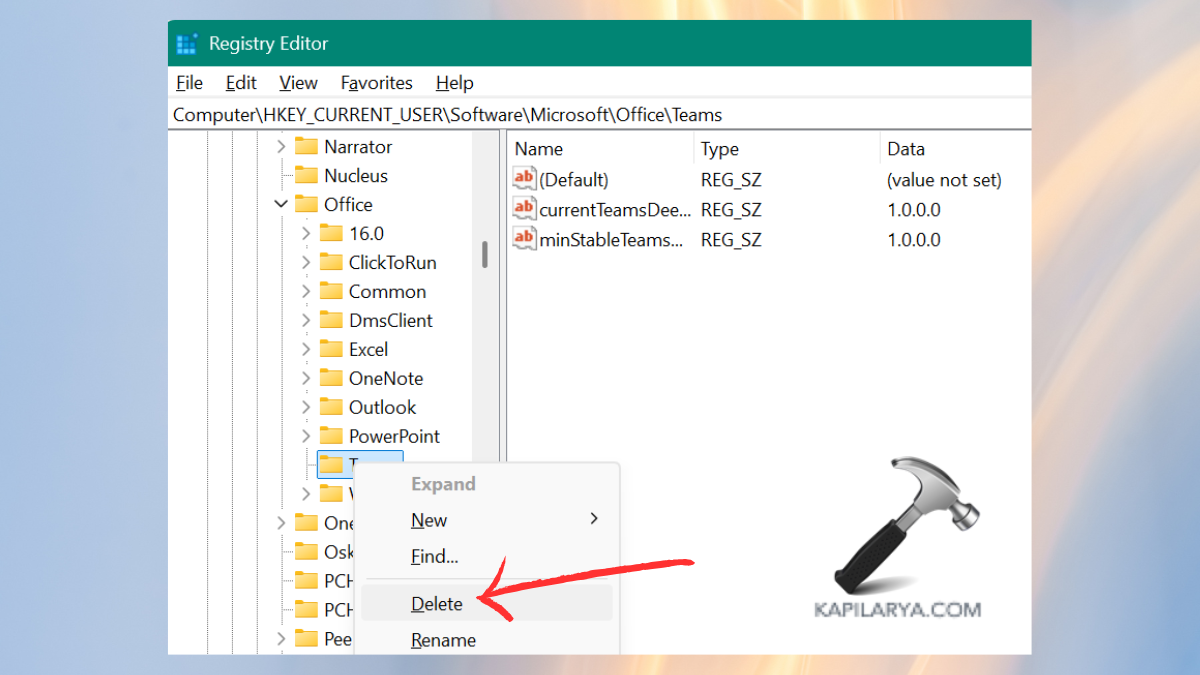 delete microsoft teams folder in registry editor