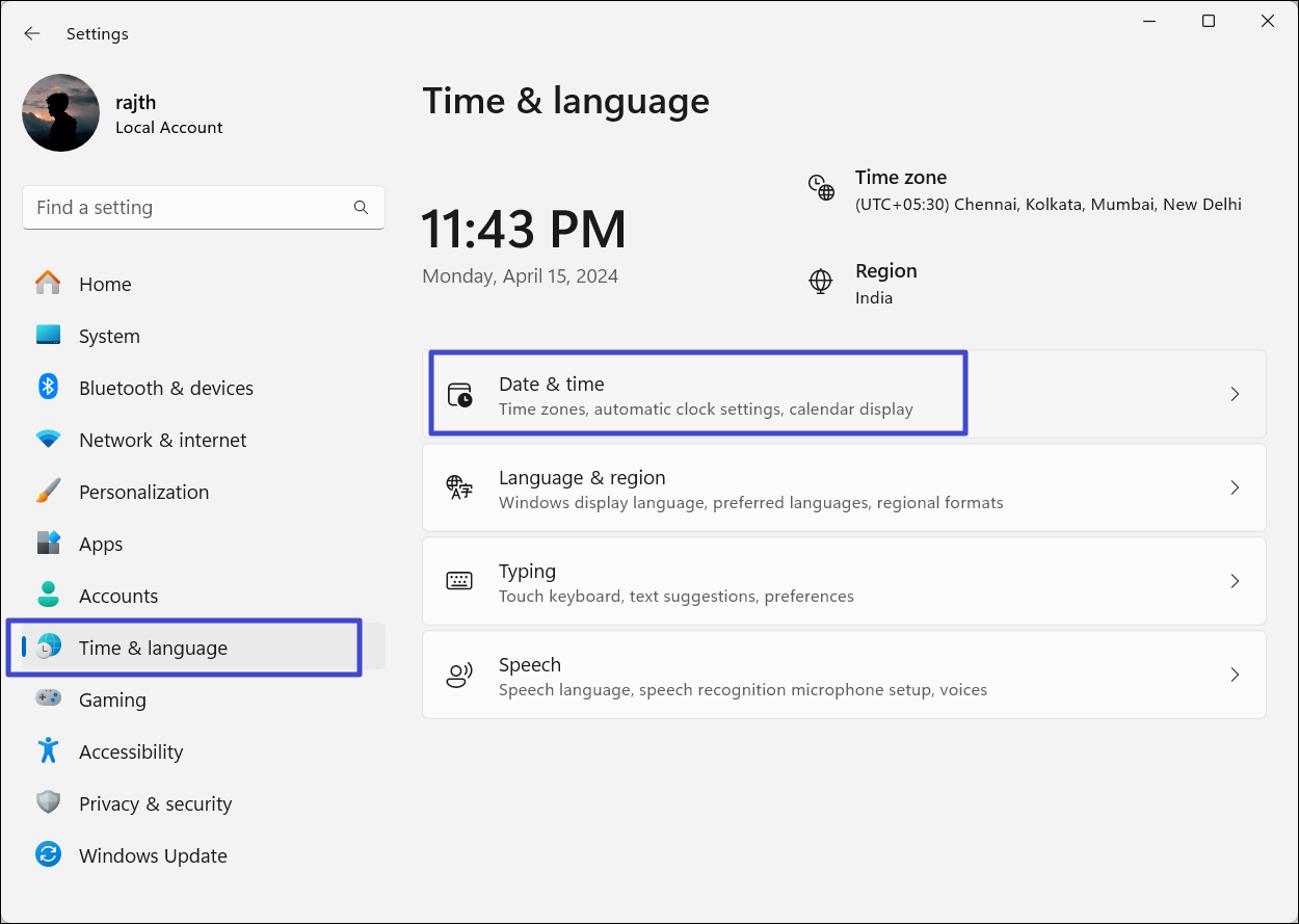 Time & Language > Time & Date