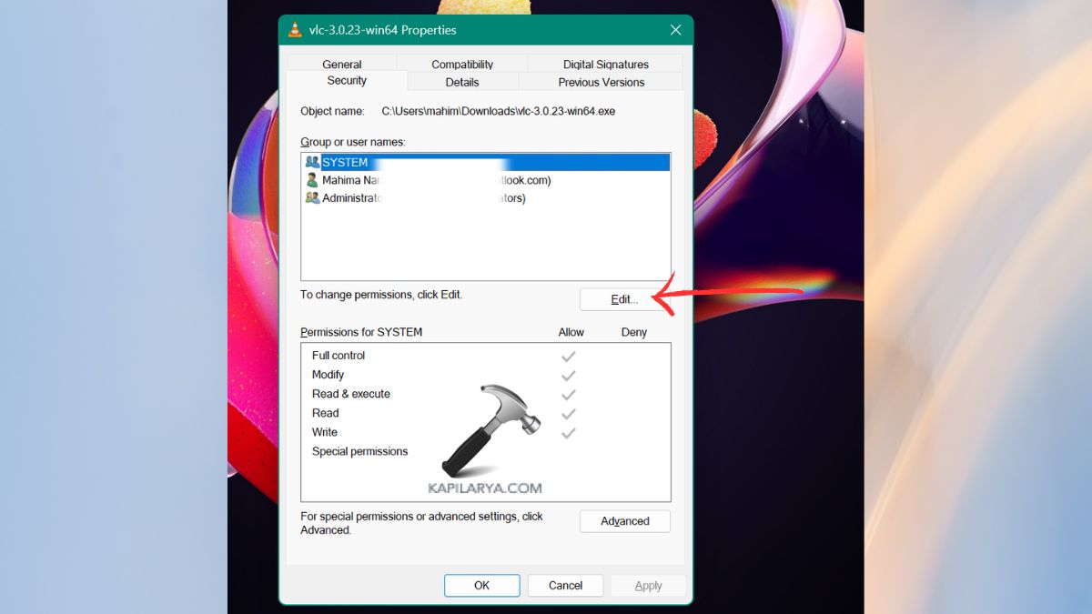 edit the group or username permissions