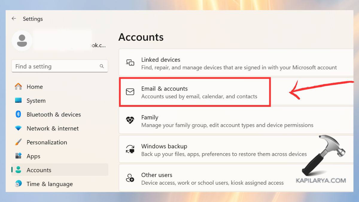 email & accounts option in settings windows 11