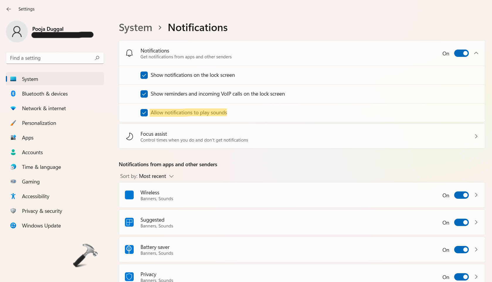 Enable/disable notification sounds in Windows 11