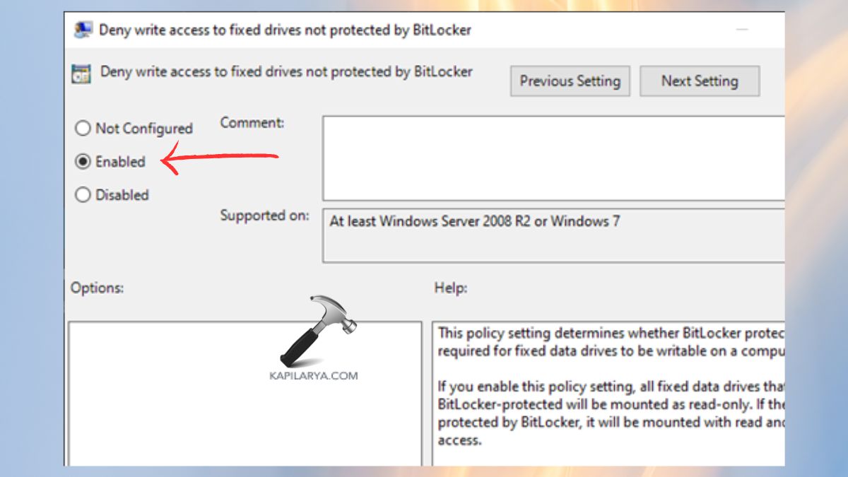 enable entry Deny write access to fixed drives not protected by BitLocker