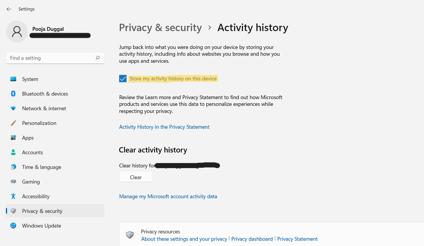 Enable or disable Activity History in Windows 11
