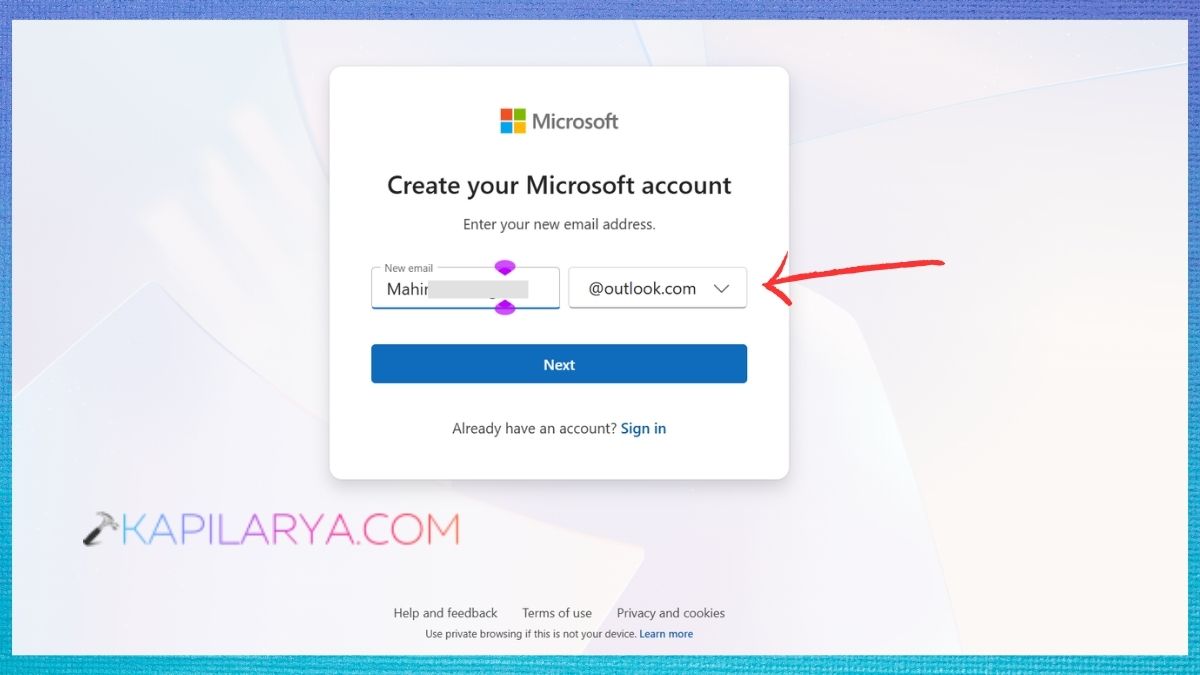 enter email ID to create new microsoft account