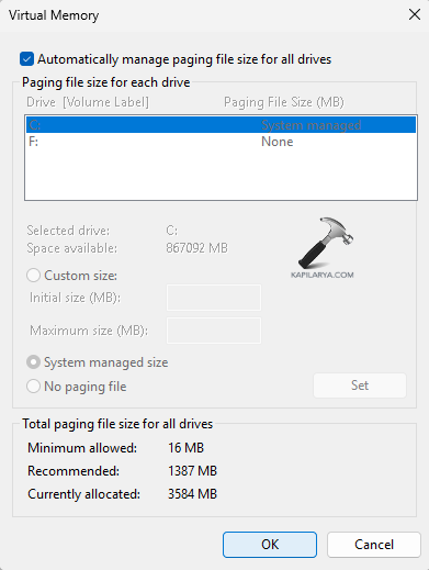 Setting page file size to automatic