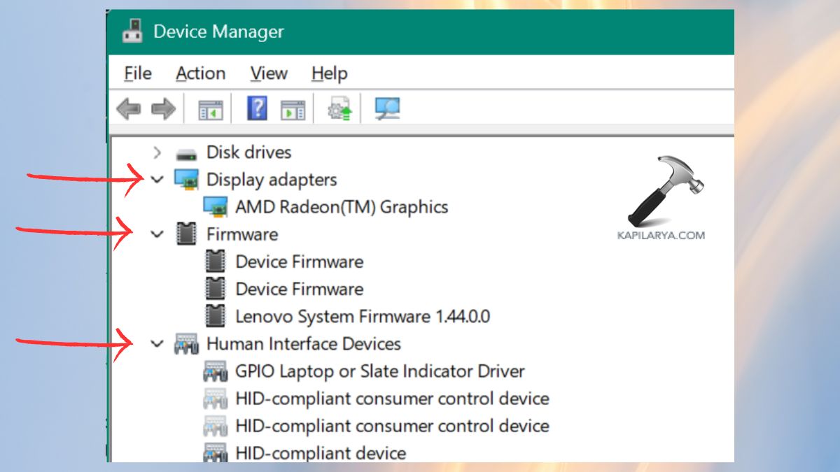 expand category display adapter, firmware, human interface devices in device manager