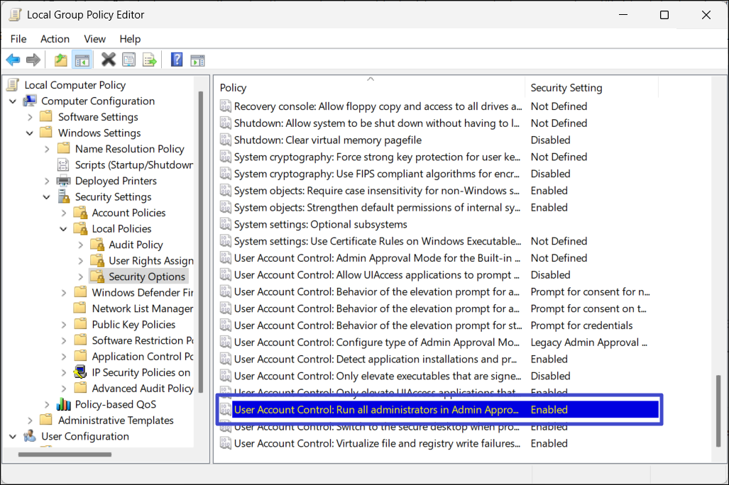 Double click " User Account Control: Run all administrators in Admin"
