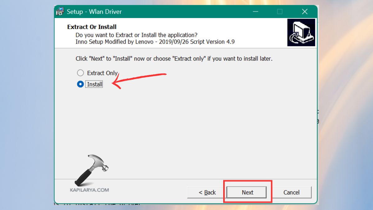 install or extract in setup wlan driver