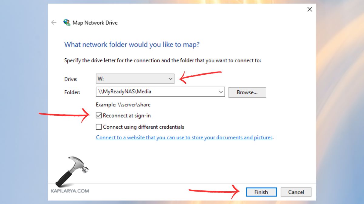 map network drive select drive and reconnect at sign in