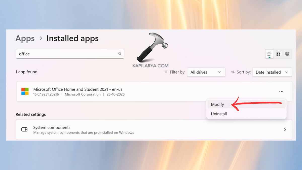 modify in installed apps for microsoft office