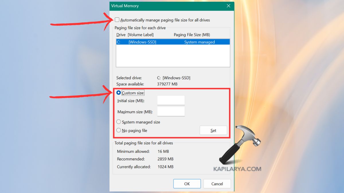 modify virtual memory settings in windows 11 Fix Out of memory error on Windows 11