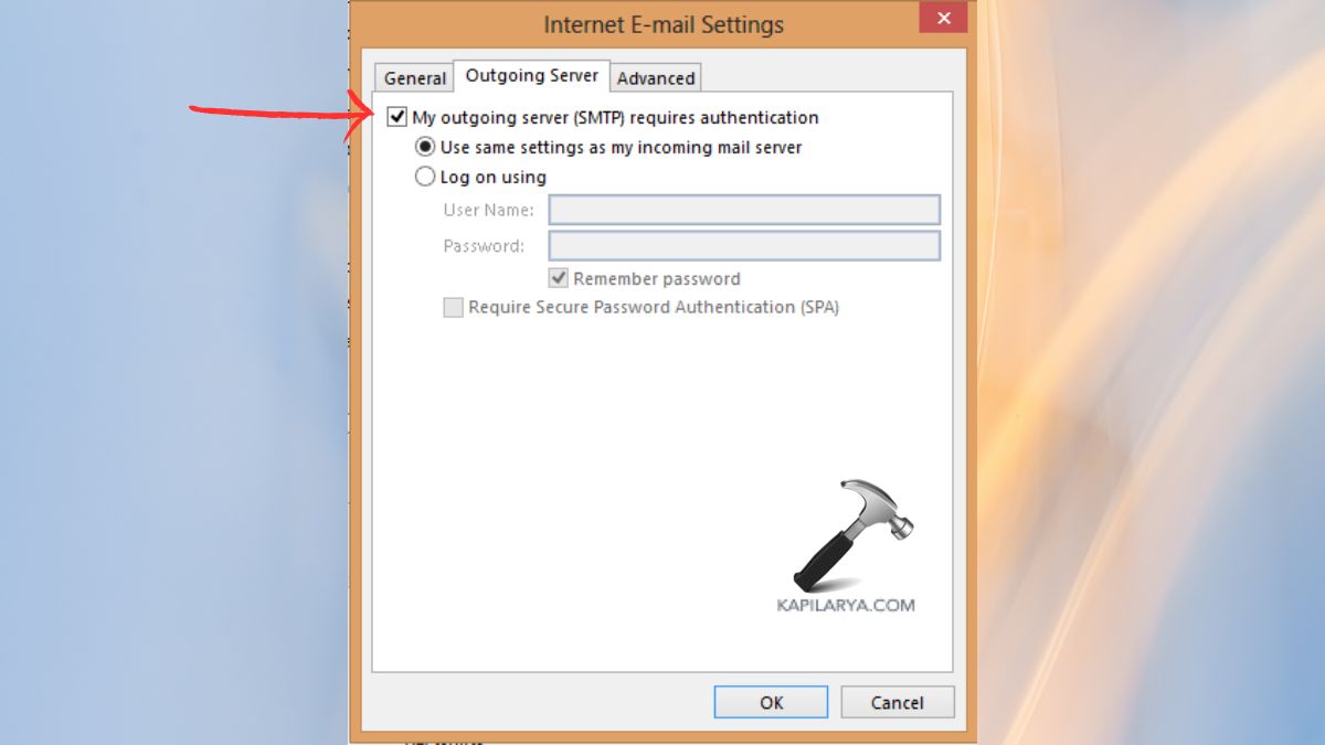 my outgoing server smtp requires authentication to Fix The server configuration prevents you from synchronizing Outlook Error