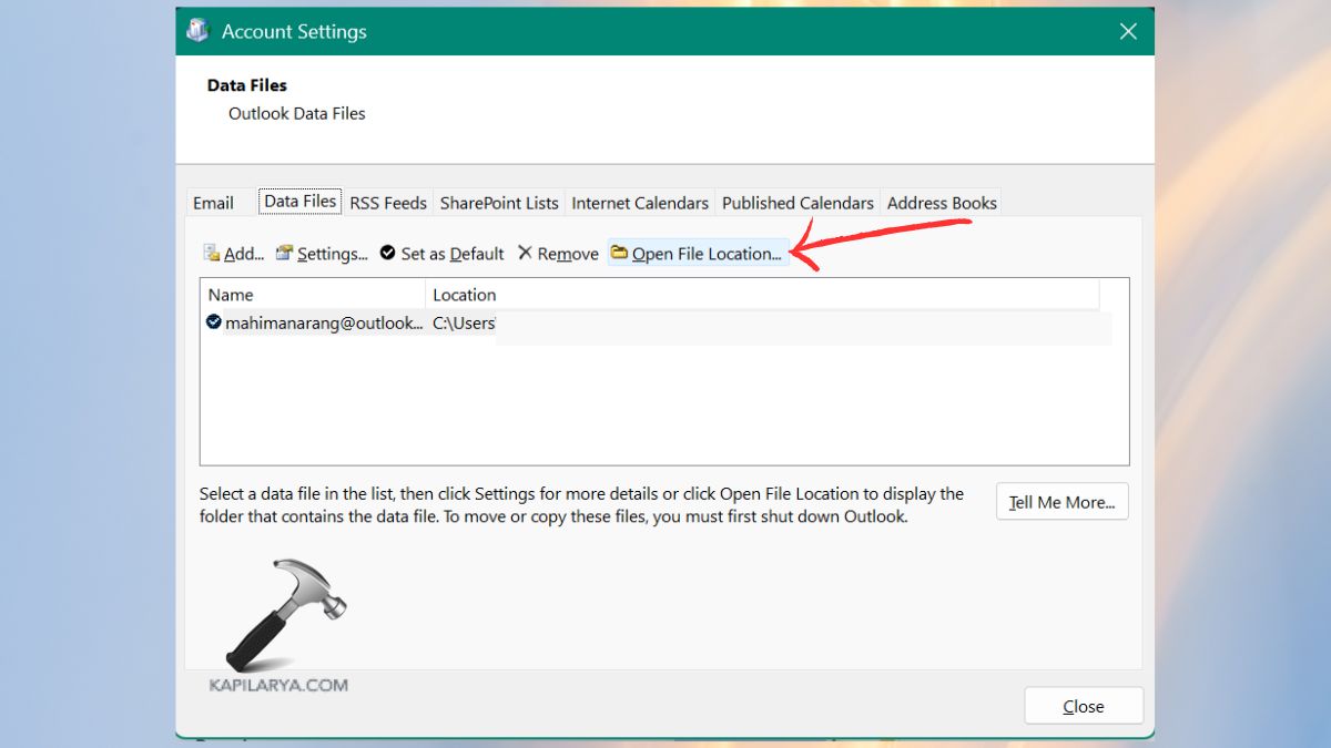 open file location in data files account settings