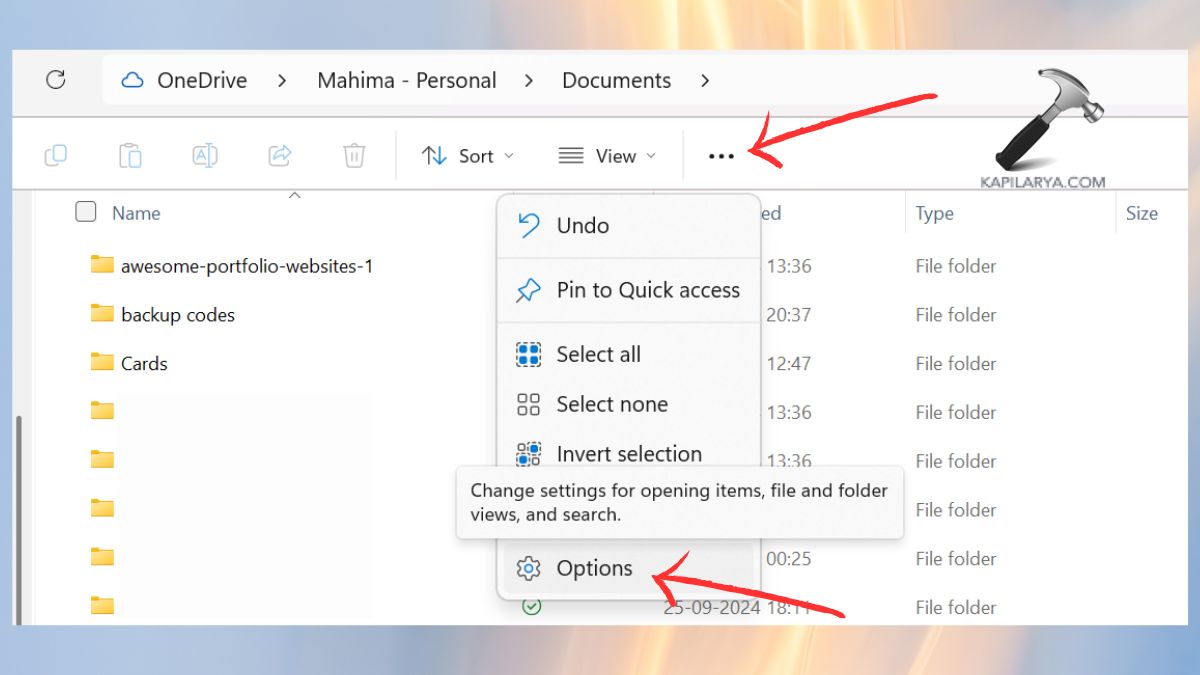 options in file explorer