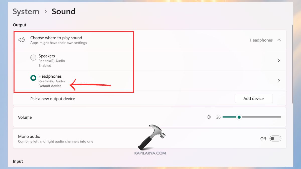 output sound headphones default device