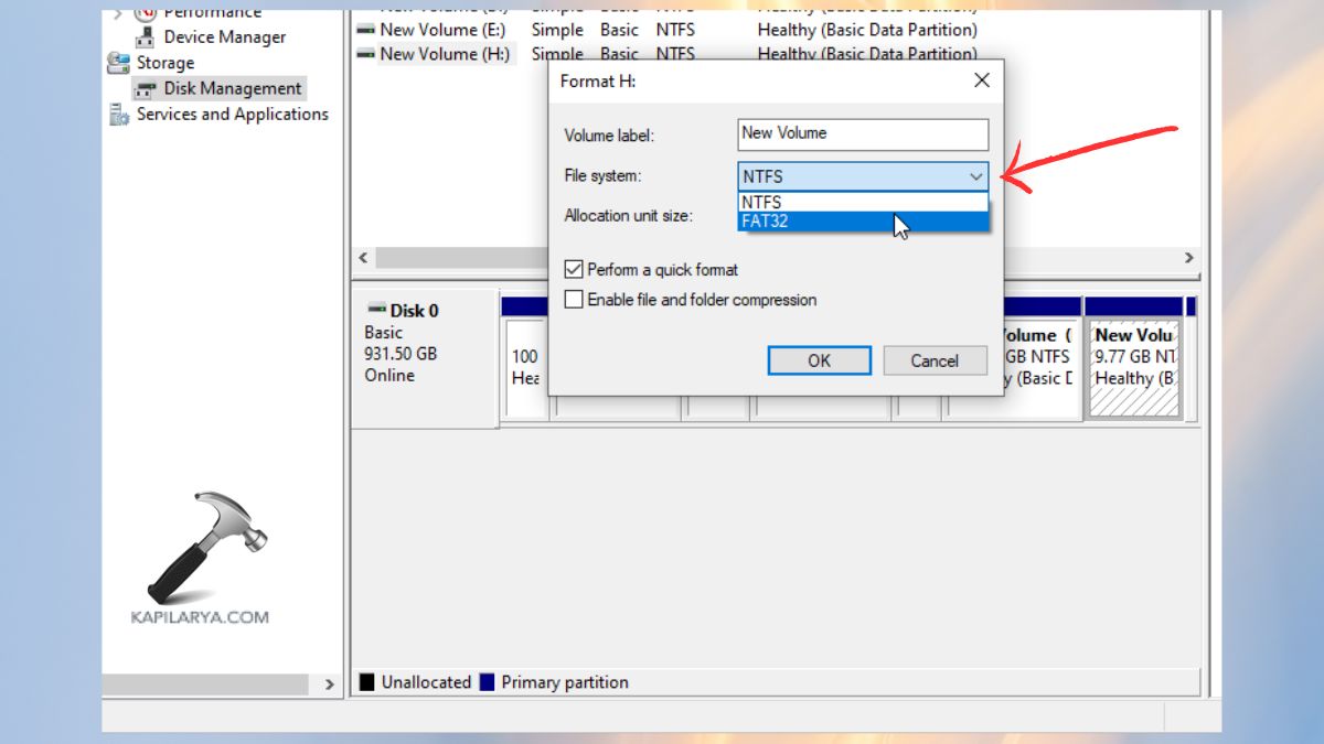 perform a quick format disk managment