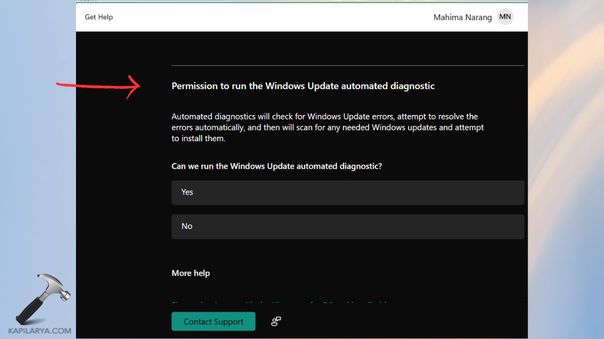 permission to run to windows update automated diagnostic to Fix Task Host window preventing shut down in Windows 11