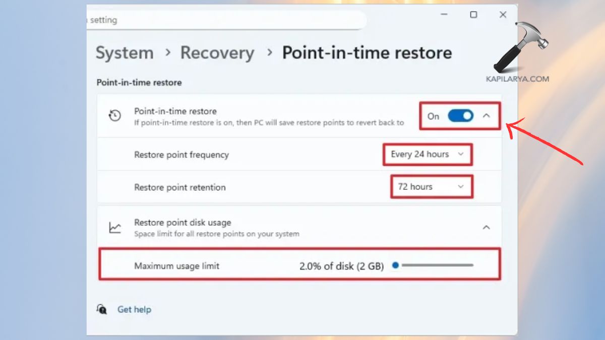 point in time restore in windows 11 settings