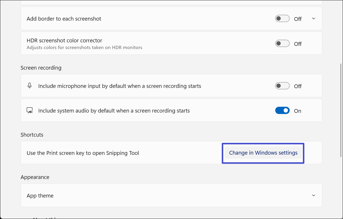 Click Change in Windows Settings