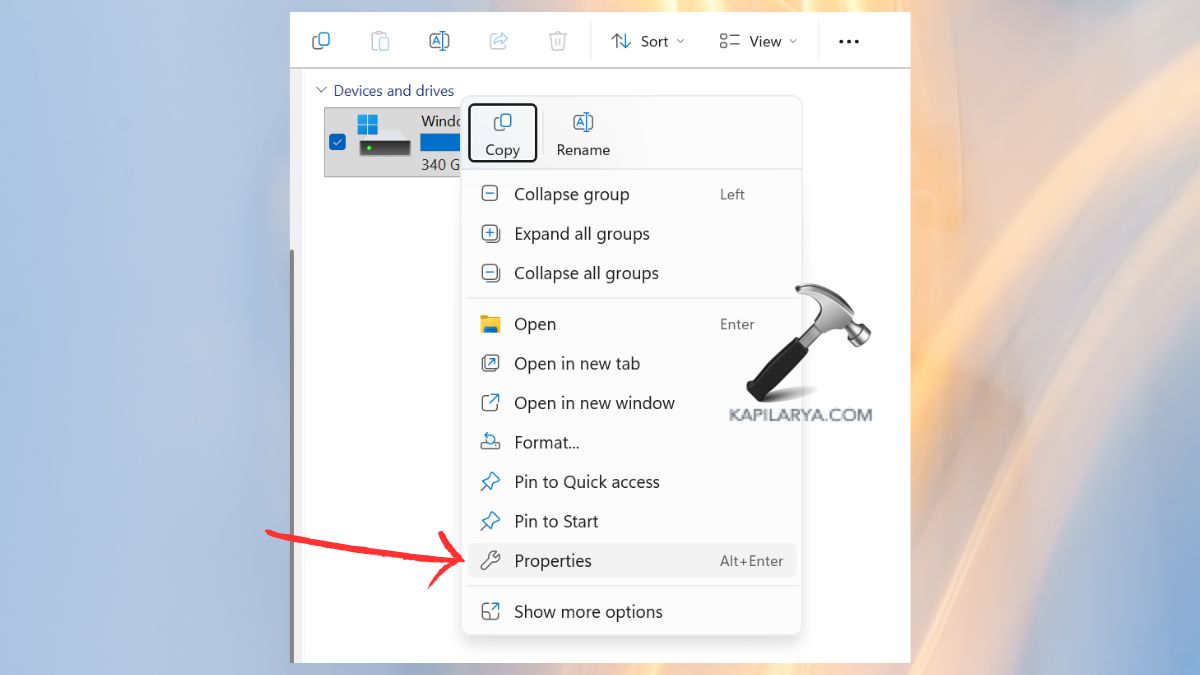 properties in c drive