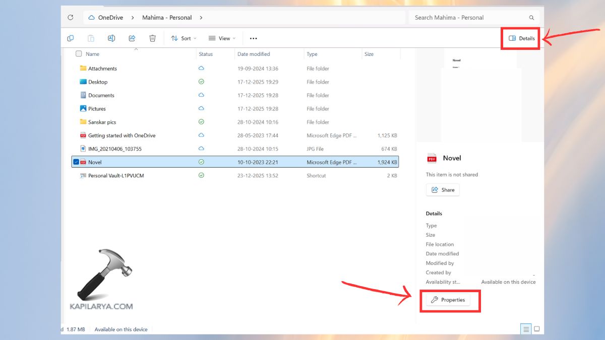 properties in details of onedrive