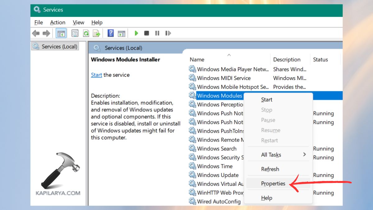 properties of Windows Modules Installer in Services