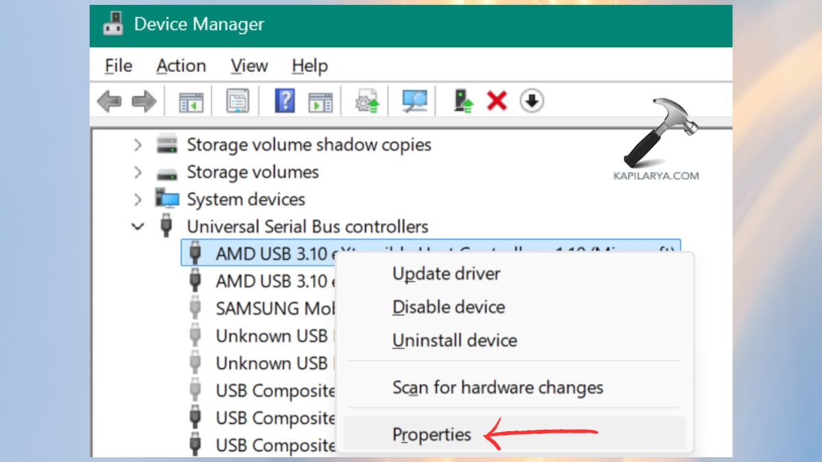 properties usb device manager