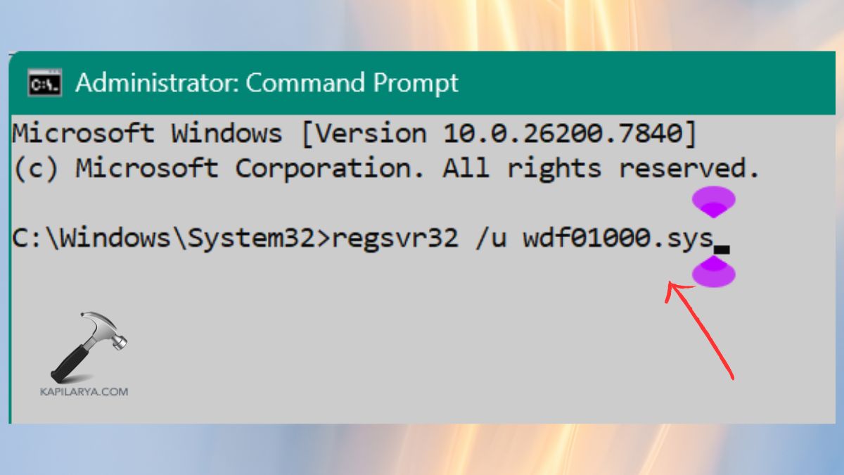 regsvr32 u wdf01000 sys command to Re-register the file