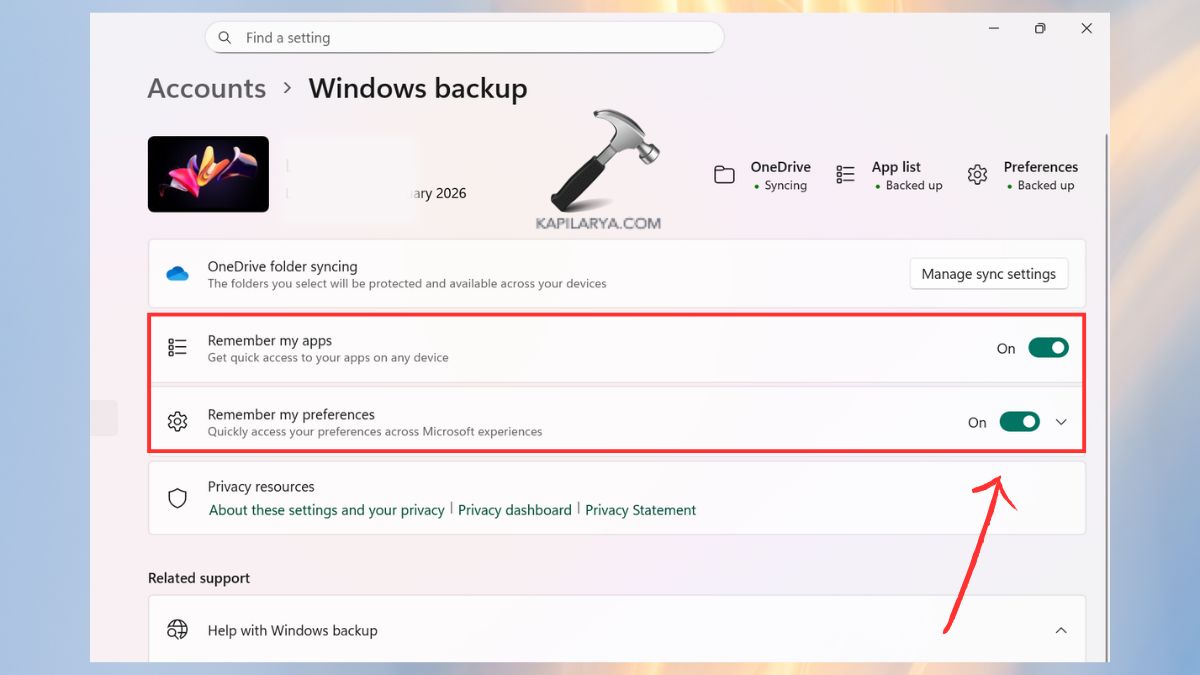 remember my apps and preferences in windows backup