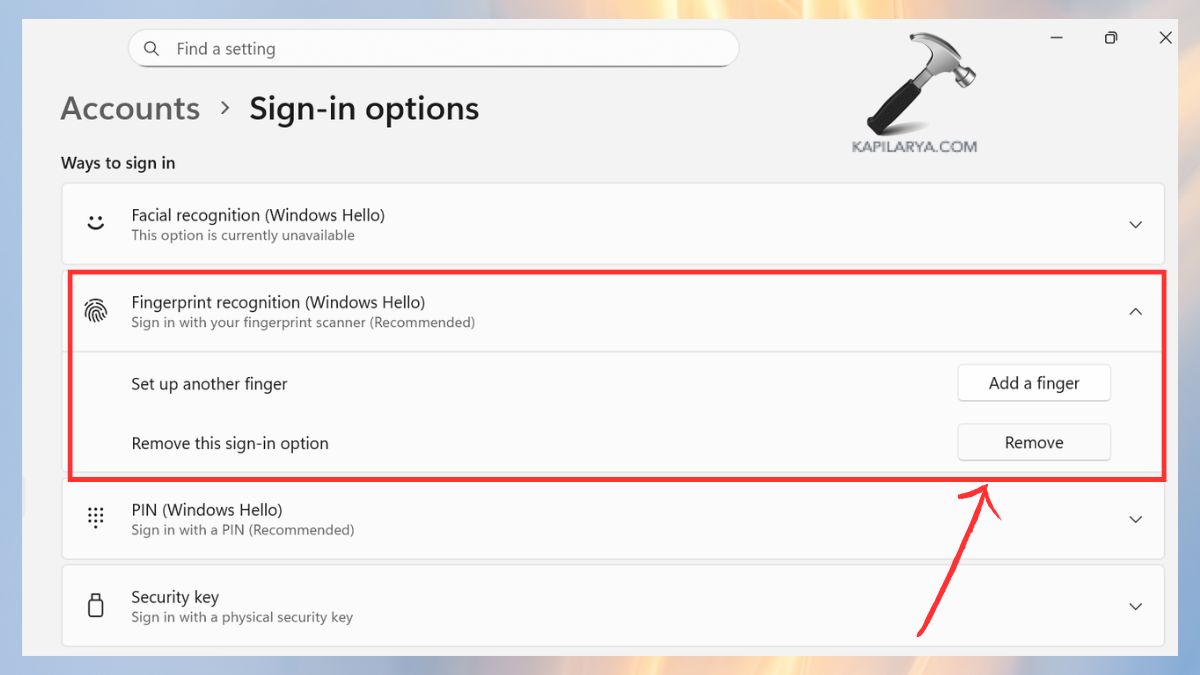 remove fingerprint recognition windows hello
