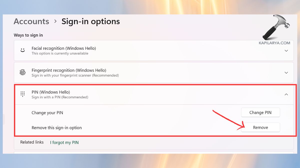 remove windows hello pin