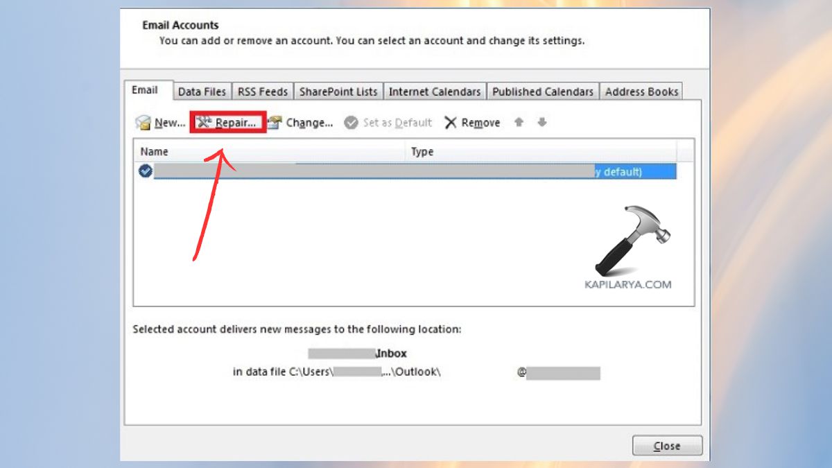 repair email account from account settings outlook to Fix The server configuration prevents you from synchronizing Outlook Error