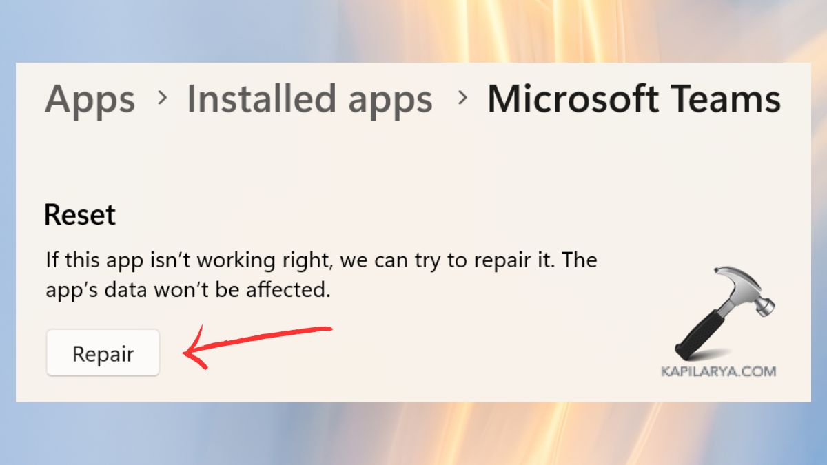 repair microsoft teams from windows 11 settings