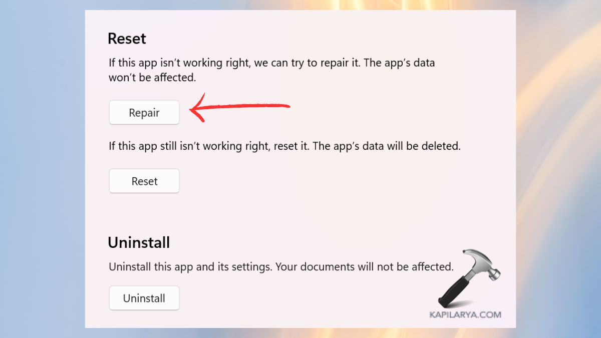 repair the app from windows 11 settings