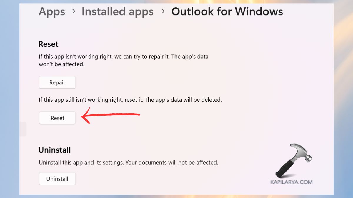 reset outlook for windows