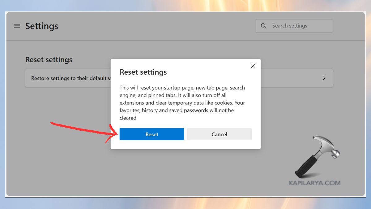 reset settings button in ms edge
