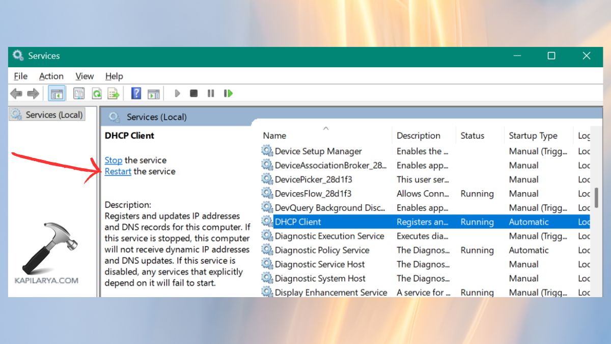 restart dhcp client in services Fix Network issues after Windows 11 25H2 upgrade